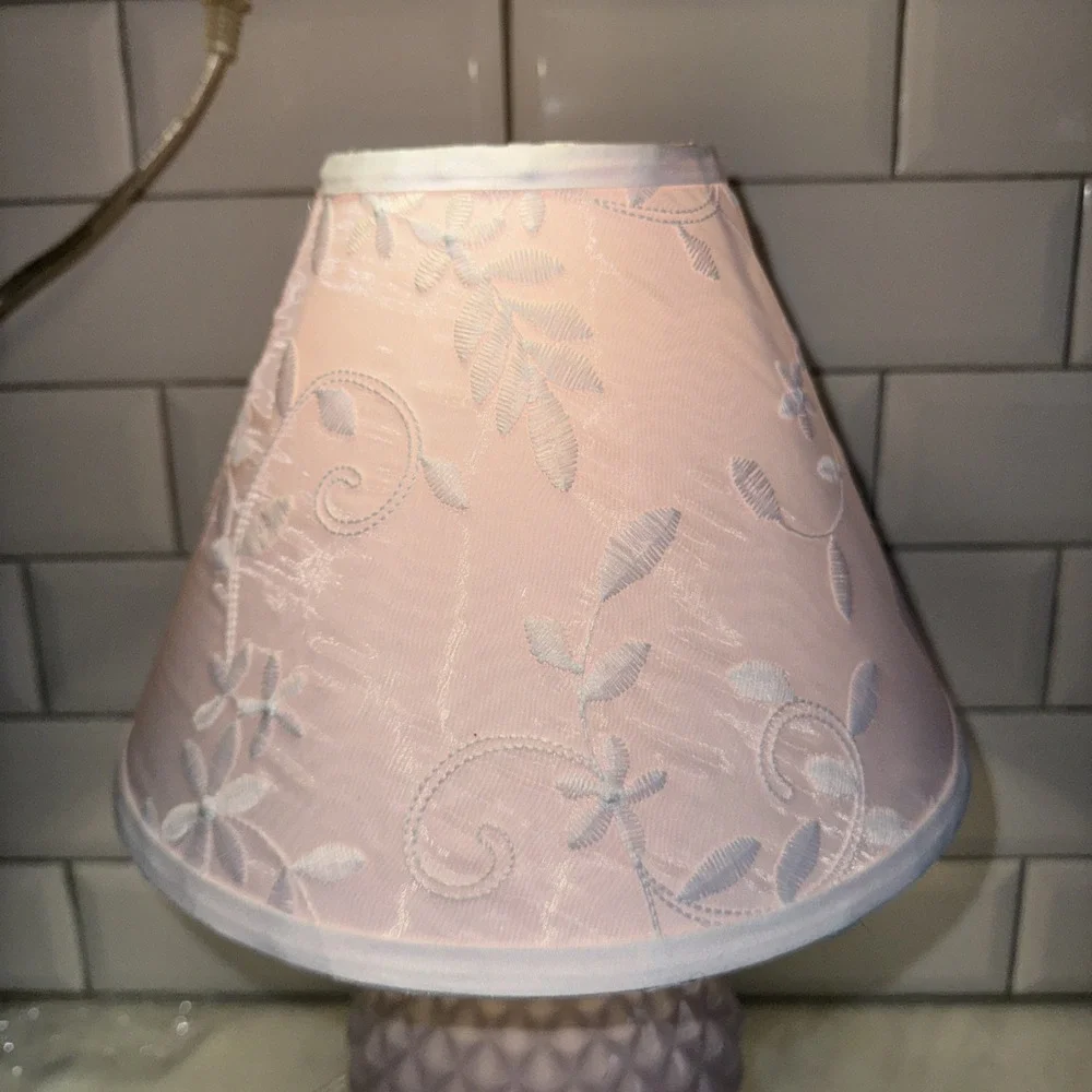 Pink Milk Glass Like Lamp With Clear Lucite Base Pink Embroidered Lamp Shade0041